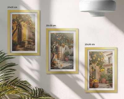 Conjunto de 3 quadros decorativos Pátio ensolarado com árvores cítricas e vasos.