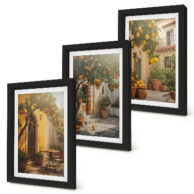 Conjunto de 3 quadros decorativos Pátio ensolarado com árvores cítricas e vasos.