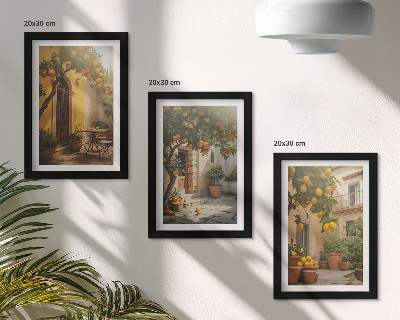 Conjunto de 3 quadros decorativos Pátio ensolarado com árvores cítricas e vasos.