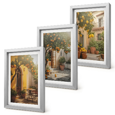 Conjunto de 3 quadros decorativos Pátio ensolarado com árvores cítricas e vasos.