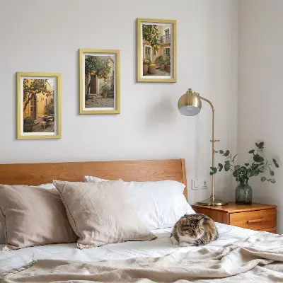 Conjunto de molduras com imagens jardim com árvores cítricas em um local ensolarado