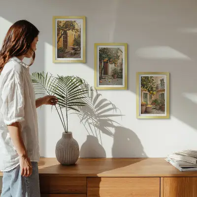 Conjunto de molduras com imagens jardim com árvores cítricas em um local ensolarado
