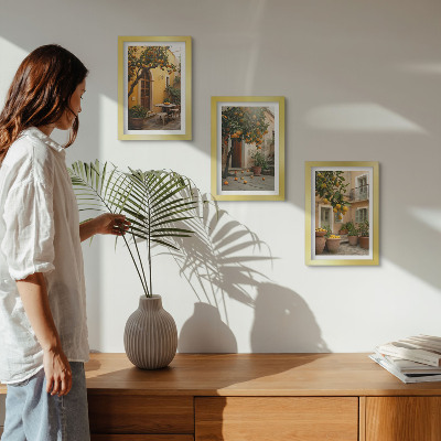 Conjunto de molduras com imagens Um jardim com árvores cítricas em um local ensolarado.