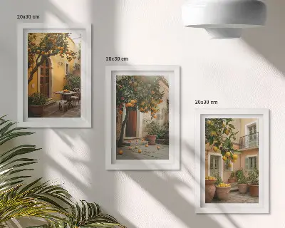 Conjunto de molduras com imagens jardim com árvores cítricas em um local ensolarado