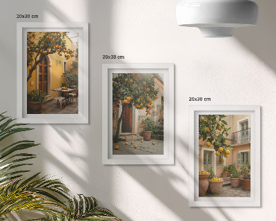 Conjunto de molduras com imagens Um jardim com árvores cítricas em um local ensolarado.