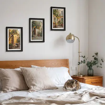 Conjunto de molduras com imagens jardim com árvores cítricas em um local ensolarado