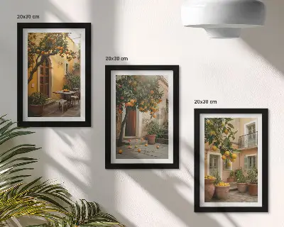 Conjunto de molduras com imagens jardim com árvores cítricas em um local ensolarado