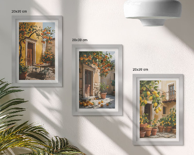 Conjunto de molduras com imagens Frutas cítricas em um pátio ensolarado com plantas.
