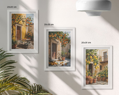 Conjunto de molduras com imagens Frutas cítricas em um pátio ensolarado com plantas.