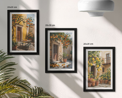 Conjunto de molduras com imagens Frutas cítricas em um pátio ensolarado com plantas.