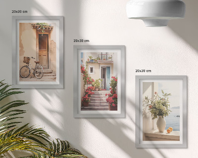 Tríptico com moldura Ruas litorâneas encantadoras com flores e bicicletas.