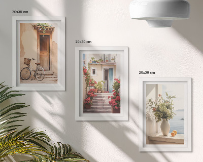 Tríptico com moldura Ruas litorâneas encantadoras com flores e bicicletas.