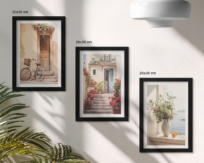 Tríptico com moldura Ruas litorâneas encantadoras com flores e bicicletas.