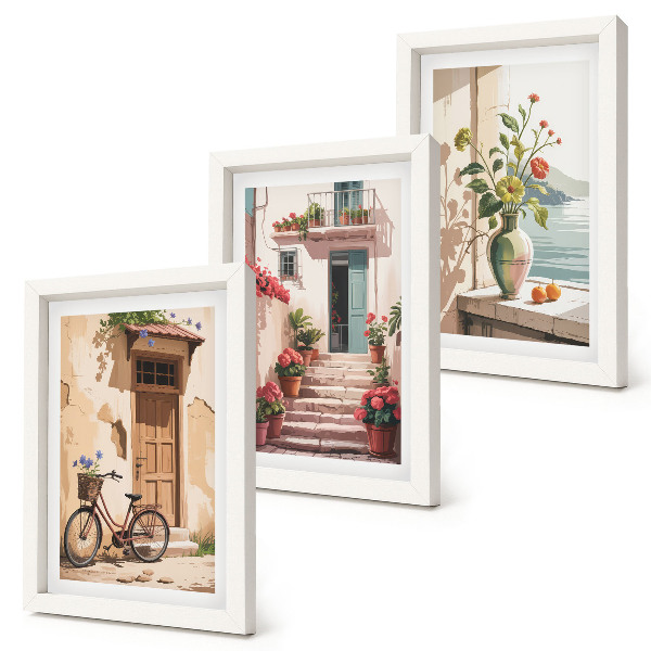 Conjunto de 3 quadros decorativos Ruas pintadas com flores e uma bicicleta
