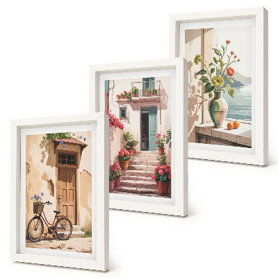 Conjunto de 3 quadros decorativos Ruas pintadas com flores e uma bicicleta