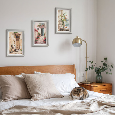 Conjunto de 3 quadros decorativos Ruas pintadas com flores e uma bicicleta