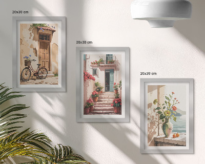 Conjunto de 3 quadros decorativos Ruas pintadas com flores e uma bicicleta