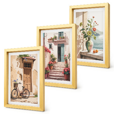 Conjunto de 3 quadros decorativos Ruas pintadas com flores e uma bicicleta