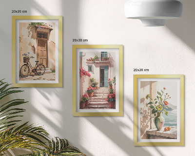 Conjunto de 3 quadros decorativos Ruas pintadas com flores e uma bicicleta