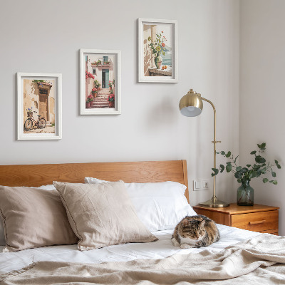 Conjunto de 3 quadros decorativos Ruas pintadas com flores e uma bicicleta