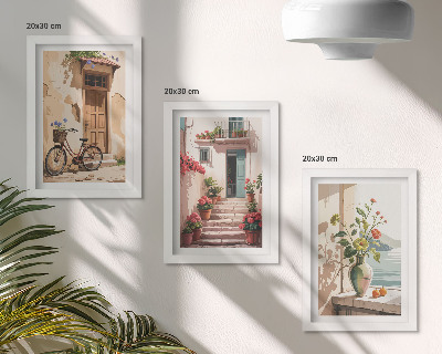 Conjunto de 3 quadros decorativos Ruas pintadas com flores e uma bicicleta