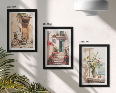 Conjunto de 3 quadros decorativos Ruas pintadas com flores e uma bicicleta