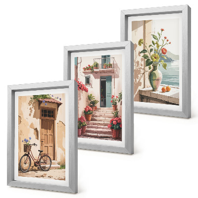 Conjunto de 3 quadros decorativos Ruas pintadas com flores e uma bicicleta