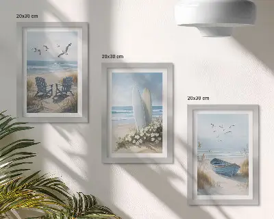 Conjunto de quadros decorativos paisagem de praia com pranchas de surfe, barcos e pássaros