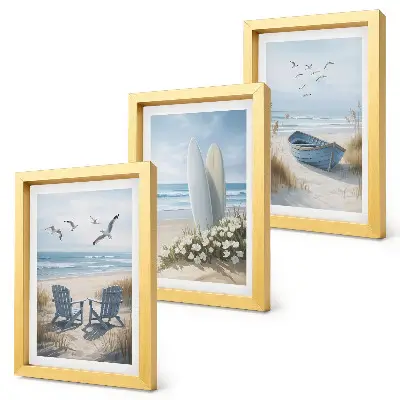 Conjunto de quadros decorativos paisagem de praia com pranchas de surfe, barcos e pássaros