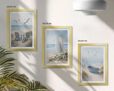 Conjunto de quadros decorativos paisagem de praia com pranchas de surfe, barcos e pássaros