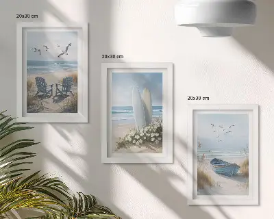 Conjunto de quadros decorativos paisagem de praia com pranchas de surfe, barcos e pássaros