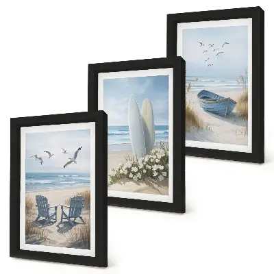 Conjunto de quadros decorativos paisagem de praia com pranchas de surfe, barcos e pássaros