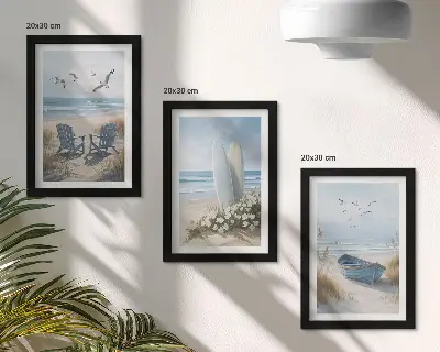 Conjunto de quadros decorativos paisagem de praia com pranchas de surfe, barcos e pássaros