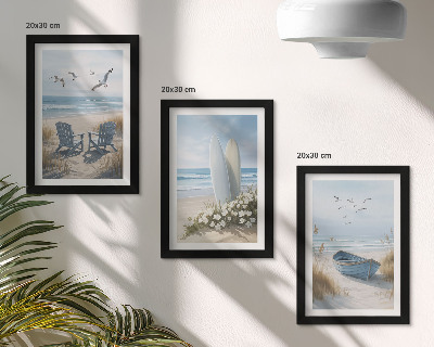 Conjunto de molduras com imagens Praia com pranchas de surfe, barcos e pássaros.