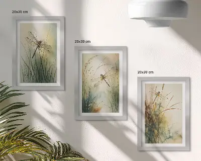 Tríptico com moldura erva pintada com libélulas sobre a água