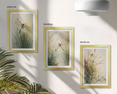 Tríptico com moldura erva pintada com libélulas sobre a água