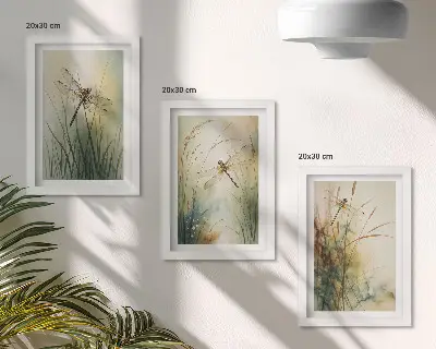 Tríptico com moldura erva pintada com libélulas sobre a água