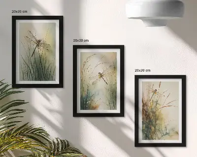 Tríptico com moldura erva pintada com libélulas sobre a água