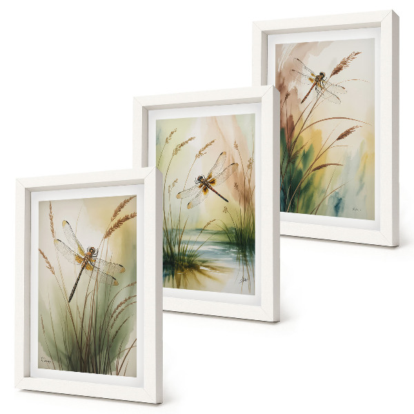 Conjunto de 3 quadros decorativos Libélulas entre a grama à beira da água em estilo pictórico