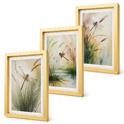 Conjunto de 3 quadros decorativos Libélulas entre a grama à beira da água em estilo pictórico