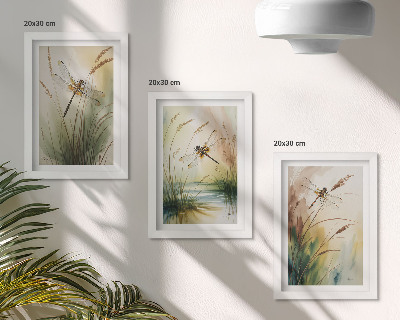 Conjunto de 3 quadros decorativos Libélulas entre a grama à beira da água em estilo pictórico