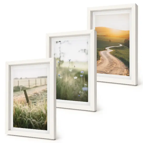 Conjunto de quadros com artes decorativas paisagem com prado, estrada e pôr do sol