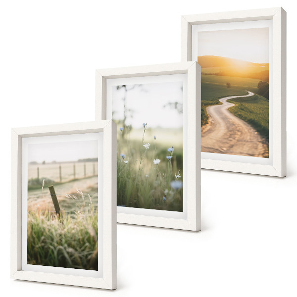 Conjunto de molduras com imagens Paisagem com um prado, estrada e pôr do sol