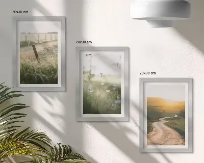 Conjunto de quadros com artes decorativas paisagem com prado, estrada e pôr do sol