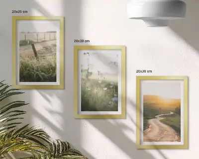 Conjunto de quadros com artes decorativas paisagem com prado, estrada e pôr do sol