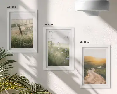 Conjunto de quadros com artes decorativas paisagem com prado, estrada e pôr do sol
