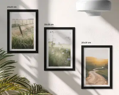 Conjunto de quadros com artes decorativas paisagem com prado, estrada e pôr do sol