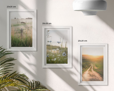 Tríptico com moldura Paisagens naturais com campos e um caminho ao sol.