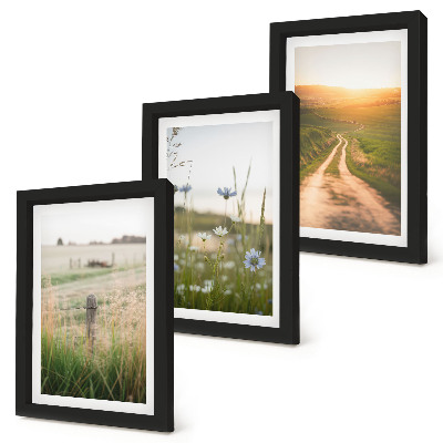 Tríptico com moldura Paisagens naturais com campos e um caminho ao sol.