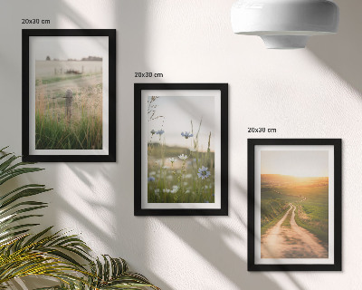 Tríptico com moldura Paisagens naturais com campos e um caminho ao sol.